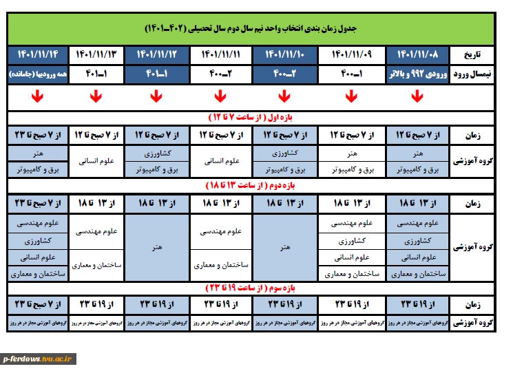 جدول زمان بندی انتخاب واحد نیمسال دوم 1401 2