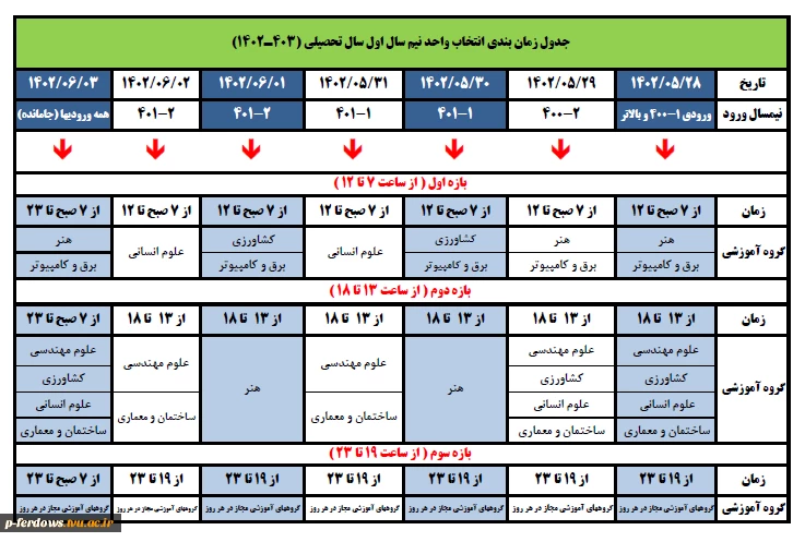 جدول زمان بندی انتخاب واحد نیمسال اول1403-1402 2