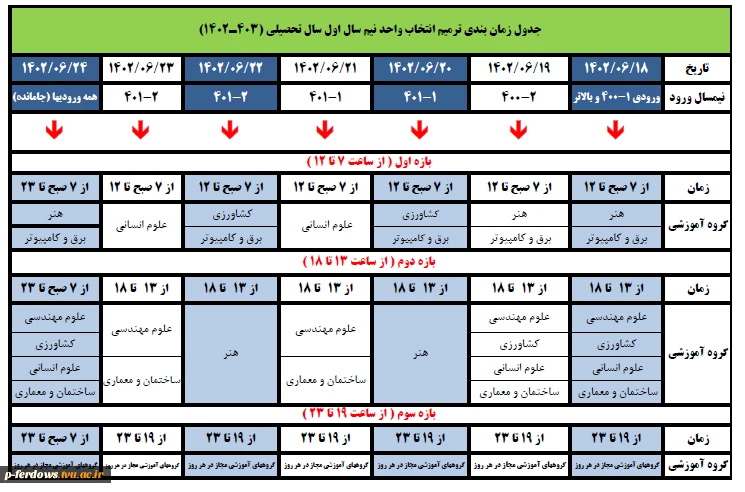 جدول ترمیم انتخاب واحد نیمسال اول 1403-1402